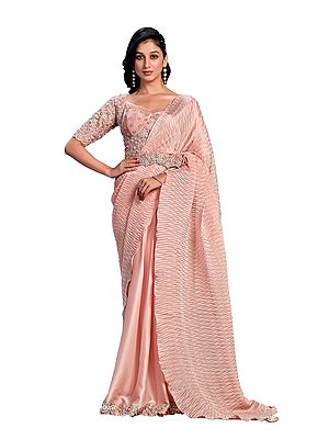 Peach Crepe Satin Silk Embroidered Ready To Wear Saree With Stitched Blouse