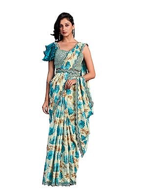 Beige & Blue Satin Silk Embroidered Ready To Wear Saree With Stitched Blouse