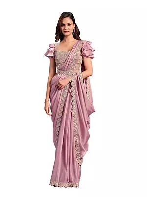 Pink Crepe Satin Silk Embroidered Ready To Wear Saree With Stitched Blouse