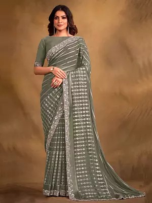 Georgette Kasab Sequence & Cord Embroidered Saree With Blouse