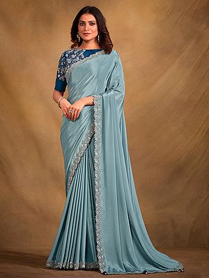 Designer Crepe Georgette Silk Thread Embroidered Saree With Blouse