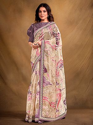 Organza Abstract Print Design Saree With Blouse For Lady