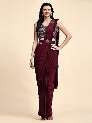 Designer Lycra Solid Ready To Wear Saree With Blouse For Women