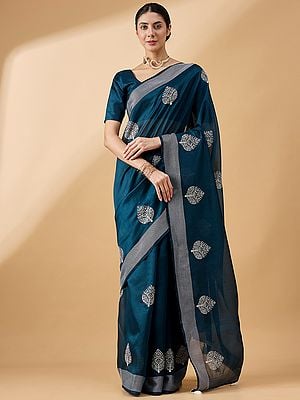 Cotton Blend Thread Embroidered Saree With Blouse