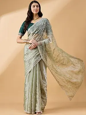Green Organza Sequence Embroidered Saree With Blouse