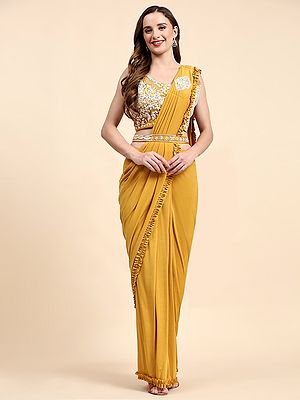 Lycra Solid Ready To Wear Saree With Stitched Blouse