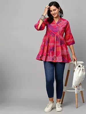 Red-Pink Cotton Geometric Printed A-line Top