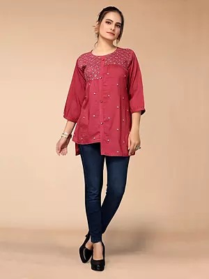 Women's Faded-Red Viscose blend Embroidered Short Top