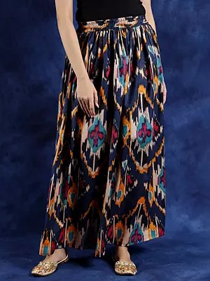 Pure Cotton Elastic-Waist Long Maxi Skirt with Multi-Colored Ikat Print