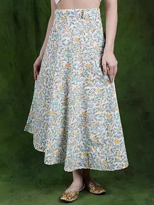 Star-White Wrap-Around Long Skirt with Printed Hibiscus Flowers