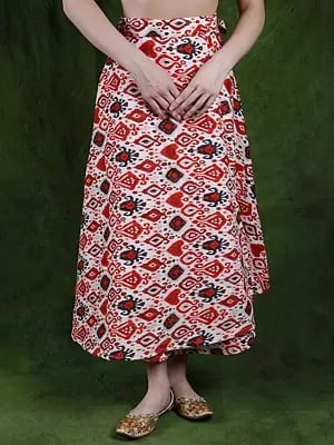 Pure Cotton Wrap-On Long Skirt with Printed Multicolor Ikat Pattern