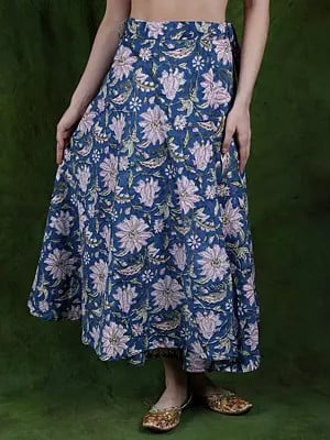 Deep-Water Wrap Around Printed Long Skirt in Pure Cotton