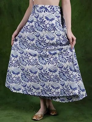 Pure Cotton Wrap Around Long Skirt with Block-Printed Flowers