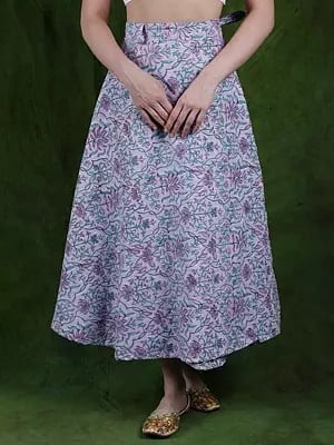 Pastel-Lilac Pure Cotton Wrap Around Long Skirt with Birds and Leaf Print