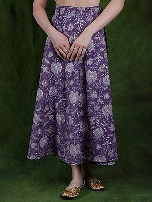Chalk-Violet Pure Cotton Wrap-On Long Skirt with Printed Flowers