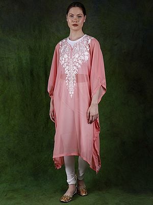 Pink-Icing Georgette Diaphanous Midi Kaftan with Aari Embroidered Flowers on Neck