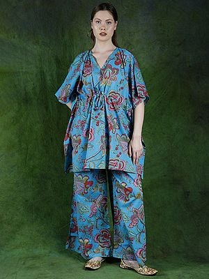 River-Blue Kaftan Style Pure Cotton Co-Ord Set with Printed Flowers
