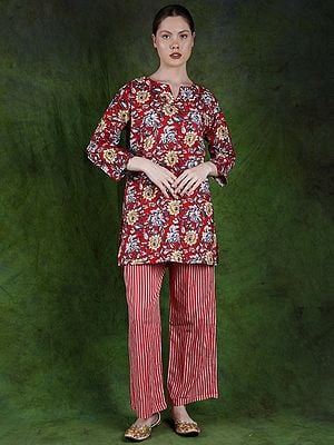 Racing-Red Floral Printed Co-Ord Set for Evening Wear