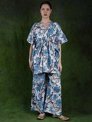 White & Blue Kaftan Style Co-Ord Set with Printed Birds and Flowers