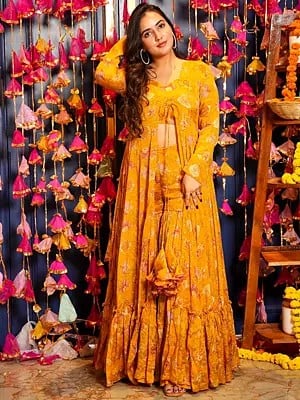 Yellow-Orange Heavy Airtex Chinon Digital Print Full Round Flair 3 Piece Koti Style Indo-Western Suit