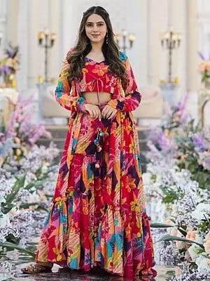 Multicolor Heavy Airtex Chinon Digital Print Full Round Flair 3 Piece Koti Style Indo-Western Suit