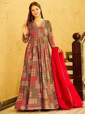 Pale-Carmine Heavy Rayon Fully Flared Anarkali Suit With Digital Print