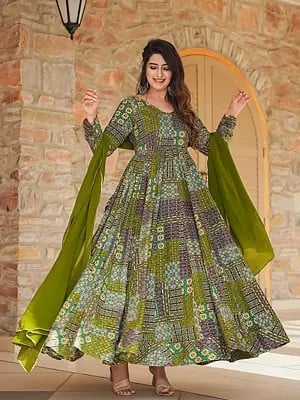 Olive Heavy Rayon Fully Flared Anarkali Suit With Digital Print