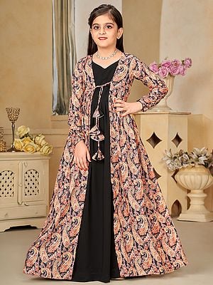 Black Faux Georgette Digital Print Full Round Flair 2 Piece Shrug Set Indo-Western Suit For Kids