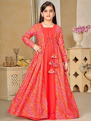 Light-Red Faux Georgette Digital Print Full Round Flair 2 Piece Shrug Set Indo-Western Suit For Kids