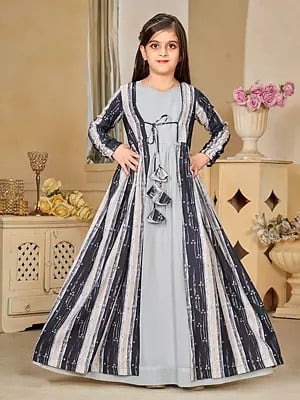 Quill-Grey Faux Georgette Digital Print Full Round Flair 2 Piece Shrug Set Indo-Western Suit For Kids