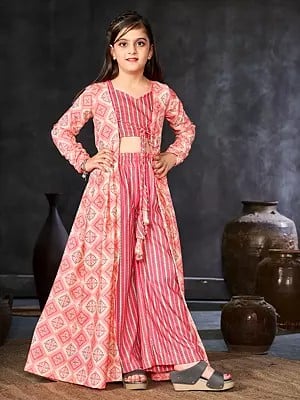 Rose-Pink Faux Georgette Digital Print Full Round Flair 2 Piece Shrug Set Indo-Western Suit For Kids