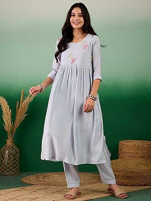 Floral Embroidered Muslin Kurta And Trouser For Ladies
