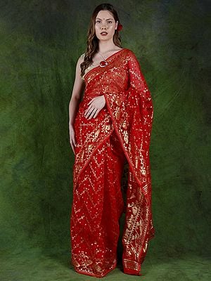 True-Red Dhakai Jamdani Saree from Bangladesh with Woven Zari Pattern
