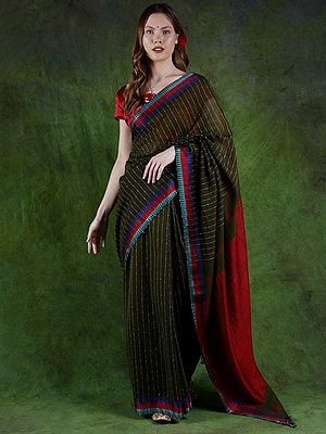 Ivy-Green Woven Bengali Purbasthali Striped Saree with Temple Border