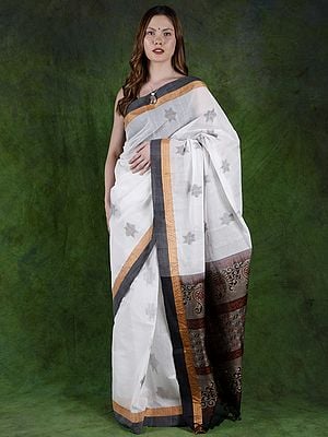 Lucent-White Pure Cotton Negamam Saree from Tamil Nadu with Woven Motifs