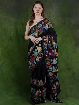 Black-Beauty Pure Silk Kantha Saree from Kolkata with Hand-Embroidered Flowers and Temple Border
