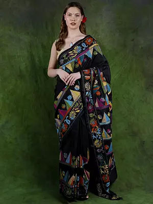 Black-Beauty Pure Silk Kantha Saree from Kolkata with Hand-Embroidered Flowers and Temple Border