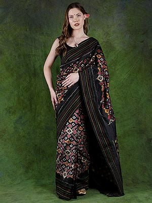Black-Onyx Pure Silk Patan Patola Handloom Saree with All-Over Ikat Weaving from Pochampally