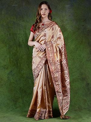 Beige Pure Silk Baluchari Saree from Bengal with Woven Apsaras by Hand on All-Over