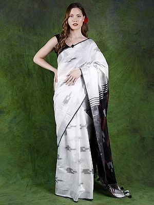 Cotton White Saree with Woven Ikat Pattern and Silver Zari Border