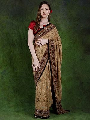 Pale-Khaki Paisley Printed Crepe Saree with Kantha Embroidery by Hand and Sequins