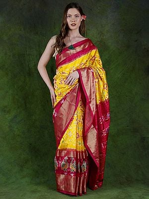 Spectra-Yellow Pure Silk Ikat Saree from Pochampally with Contrast Wide Zari Border