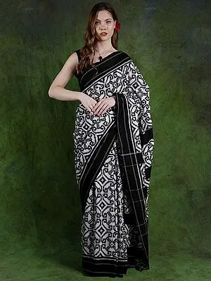White and Black Pure Cotton Ikat Handloom Saree from Pochampally with Contrast Border