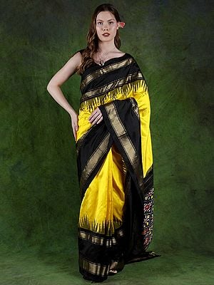 Yellow & Black Pure Silk Saree from Pochampally with Ikat Pallu and Zari Woven Temple Border