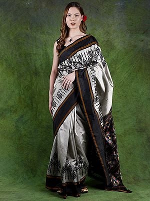 Silver-Lining Pure Silk Saree from Pochampally with Ikat Weave and Black Border