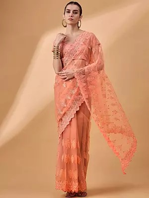 Dark Salmon Net Embroidered Saree with Diamond & Cutwork Pattern and Floral Embroidery Border