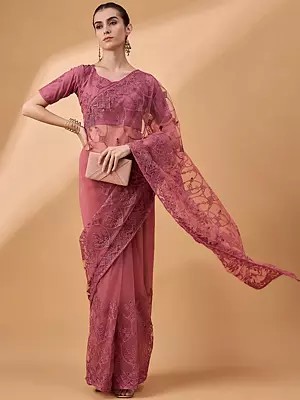 Light Maroon Net Embroidered Saree with Diamond & Cutwork Pattern and Floral Embroidery Border