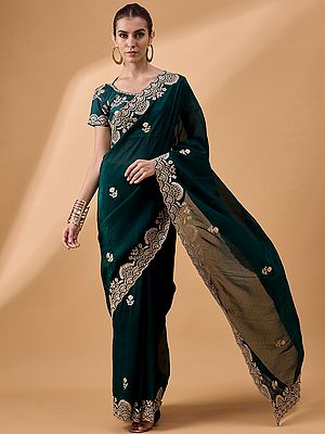 Silk Saree with Floral Pattern and Border with Embroidery