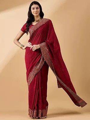 Silk Blend Embroidered Saree with Stone Work and Border with Floral Pattern