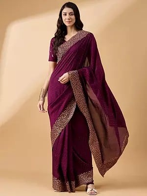 Silk Blend Embroidered Saree with Stone Work and Border with Floral Pattern